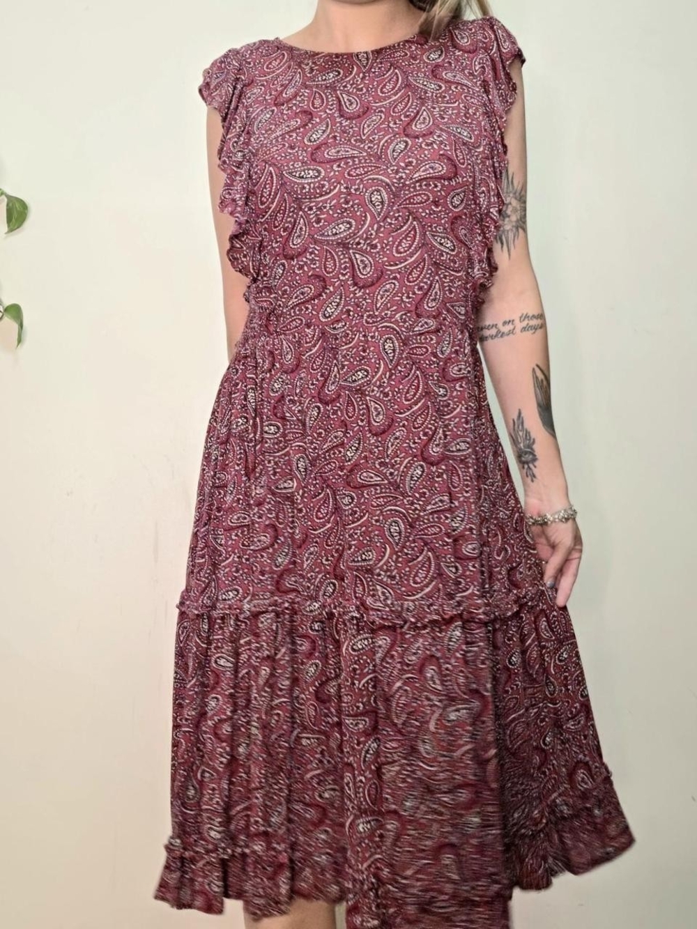 a.n.a Burgundy Boho Paisley Ruffle-sleeve Midi Dress Size M